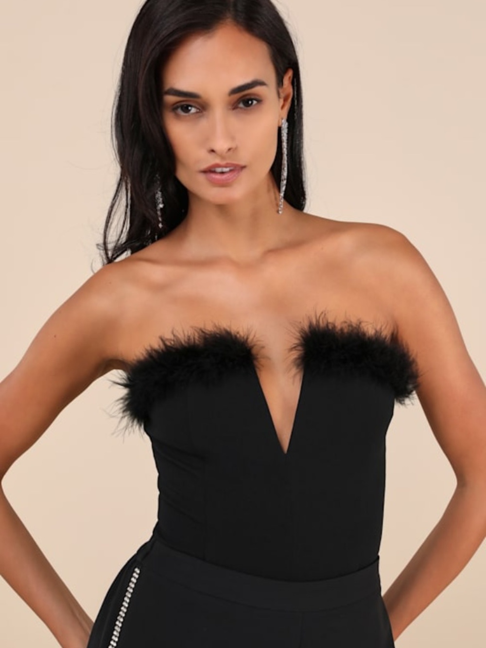Lulus Desirable Aesthetic Black Feather Strapless Bodysuit - Size M
